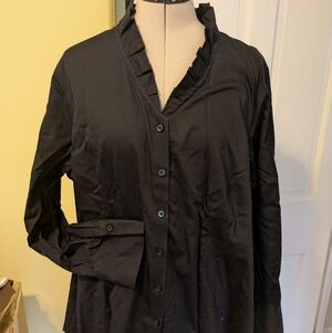 Ruffle Neck Black Cotton Blouse